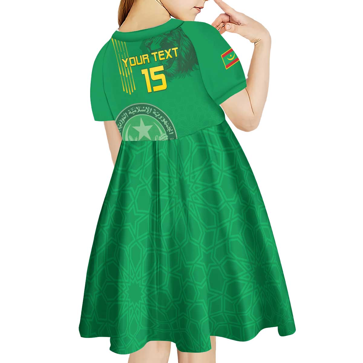 Custom Mauritania Football Kid Short Sleeve Dress Coat Of Arms With Islamic Pattern - Wonder Print Shop