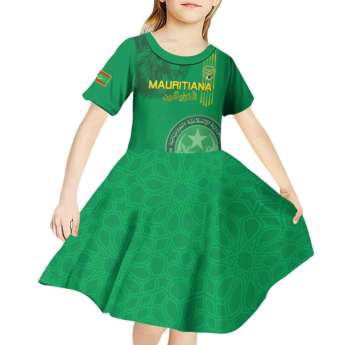 Custom Mauritania Football Kid Short Sleeve Dress Coat Of Arms With Islamic Pattern - Wonder Print Shop