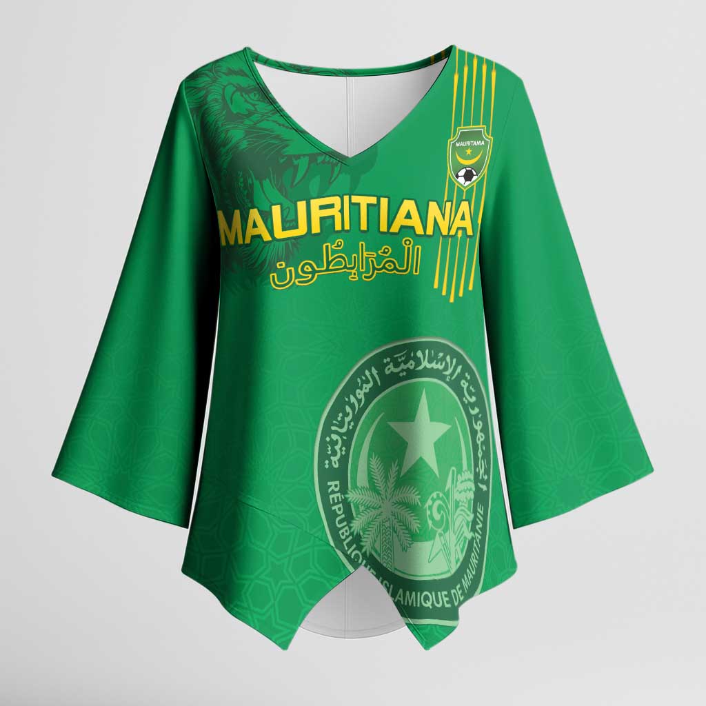 Custom Mauritania Football Kimono Sleeve Blouse Coat Of Arms With Islamic Pattern - Wonder Print Shop