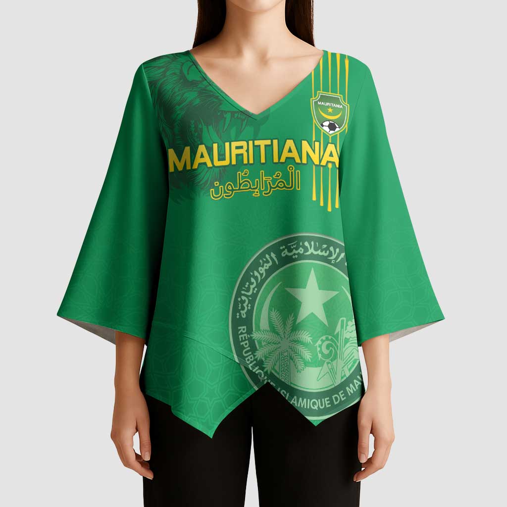 Custom Mauritania Football Kimono Sleeve Blouse Coat Of Arms With Islamic Pattern - Wonder Print Shop