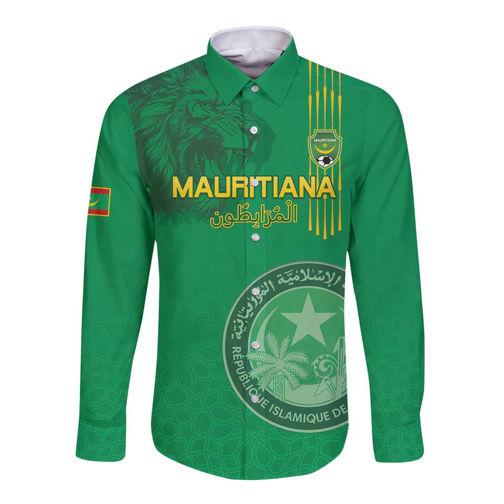 Custom Mauritania Football Long Sleeve Button Shirt Coat Of Arms With Islamic Pattern - Wonder Print Shop