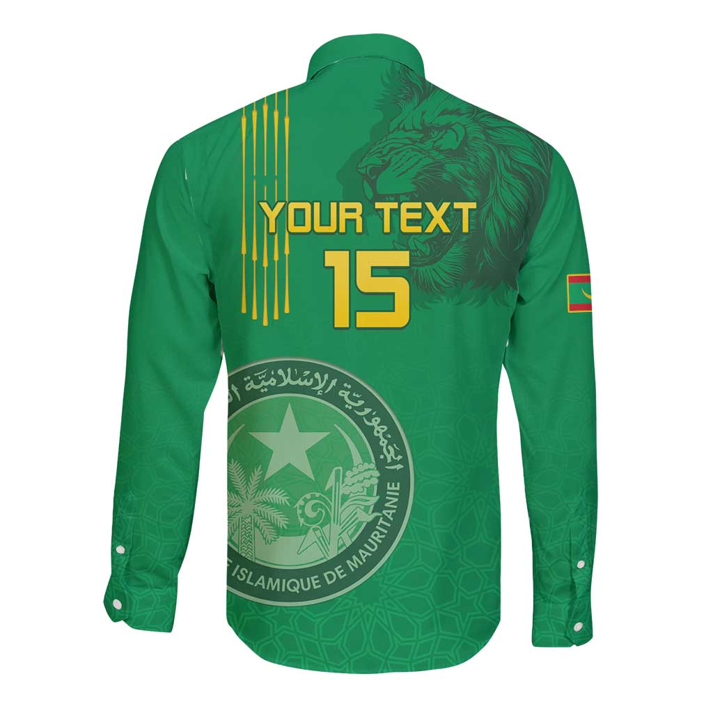 Custom Mauritania Football Long Sleeve Button Shirt Coat Of Arms With Islamic Pattern - Wonder Print Shop