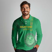 Custom Mauritania Football Long Sleeve Polo Shirt Coat Of Arms With Islamic Pattern - Wonder Print Shop