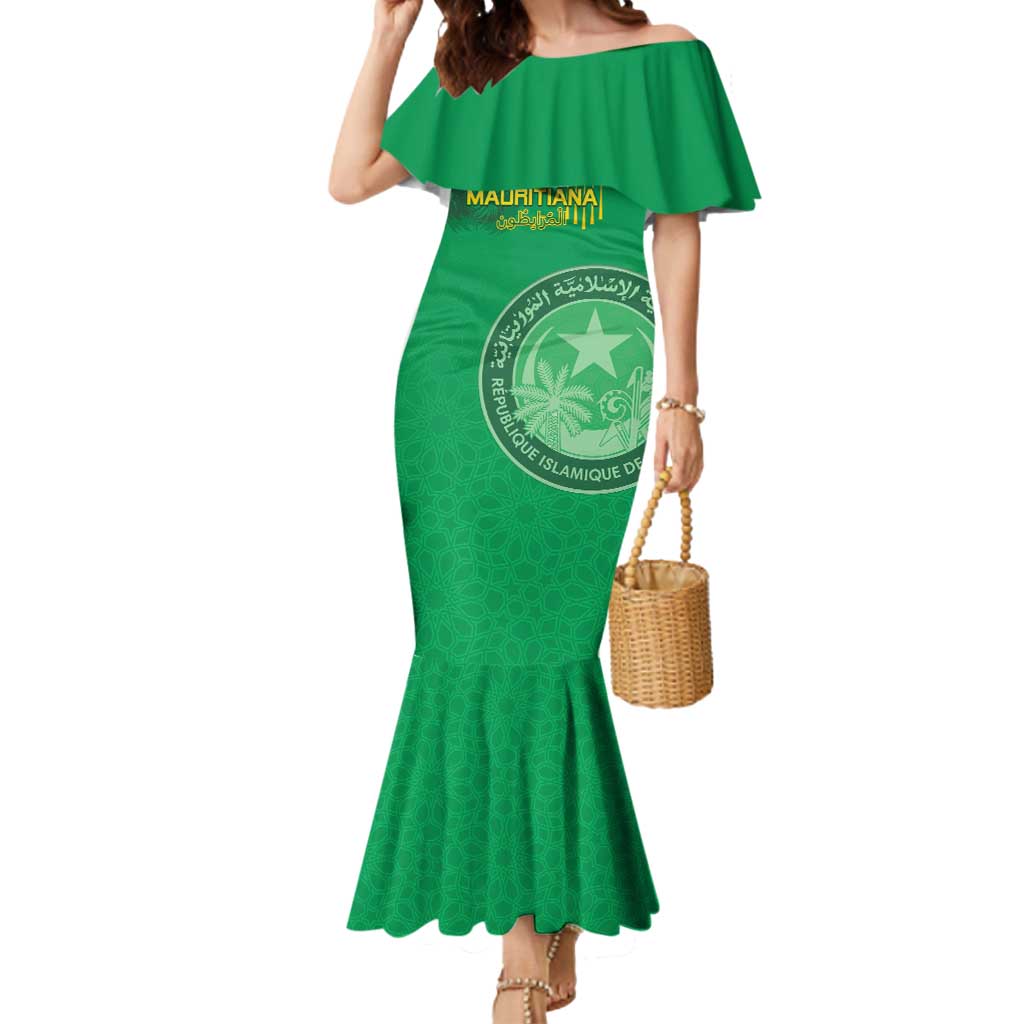 Custom Mauritania Football Mermaid Dress Coat Of Arms With Islamic Pattern - Wonder Print Shop
