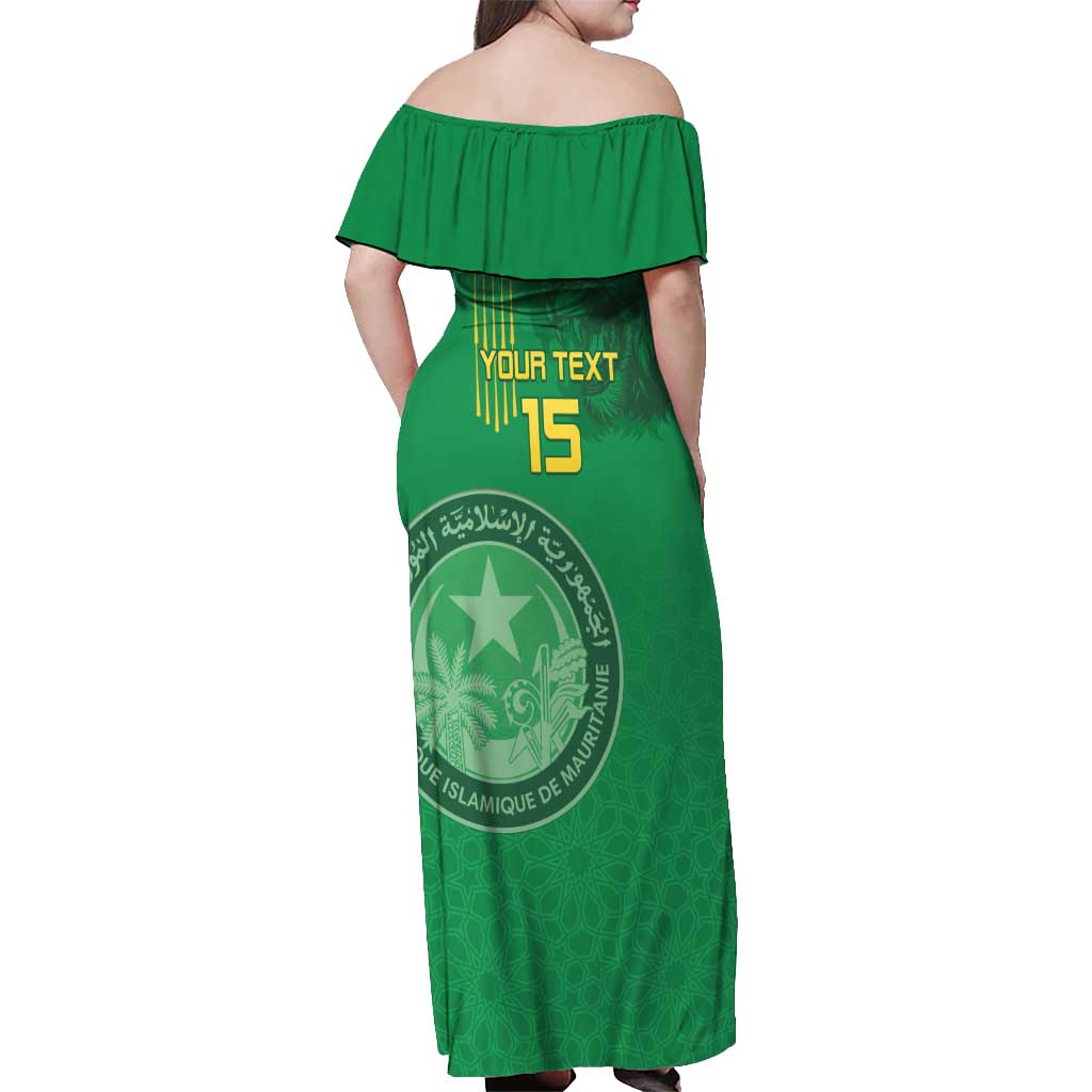 Custom Mauritania Football Off Shoulder Maxi Dress Coat Of Arms With Islamic Pattern - Wonder Print Shop