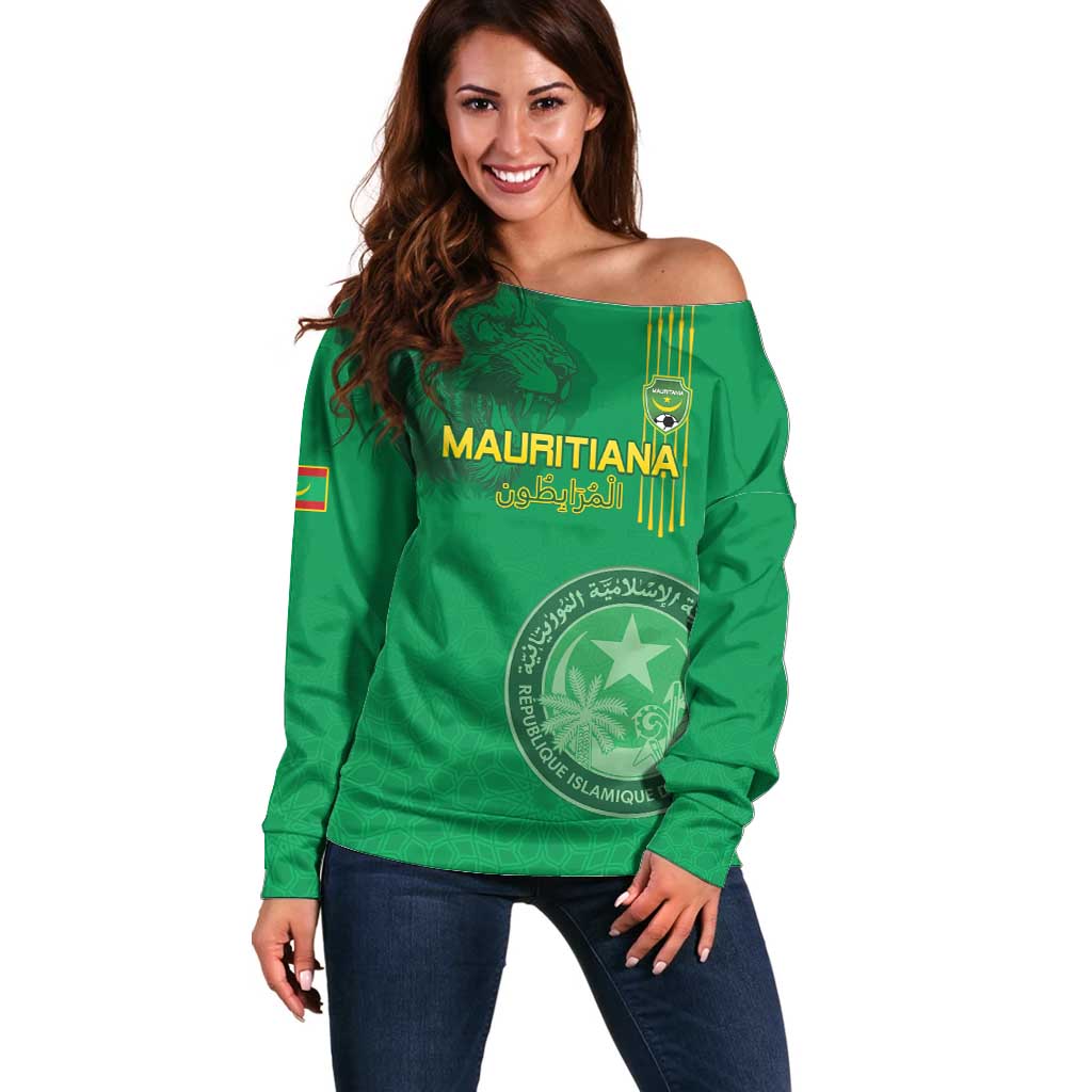 Custom Mauritania Football Off Shoulder Sweater Coat Of Arms With Islamic Pattern - Wonder Print Shop