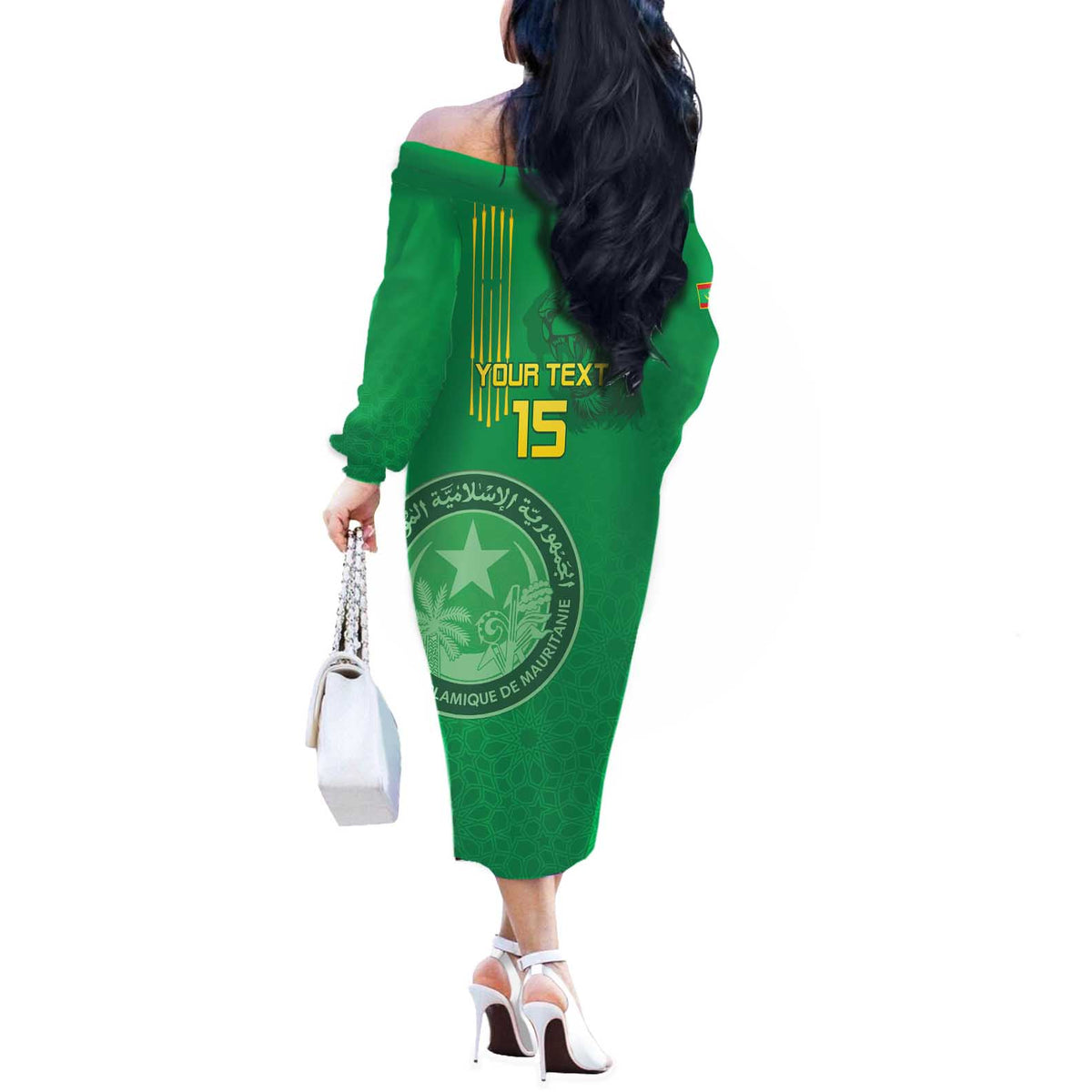 Custom Mauritania Football Off The Shoulder Long Sleeve Dress Coat Of Arms With Islamic Pattern - Wonder Print Shop