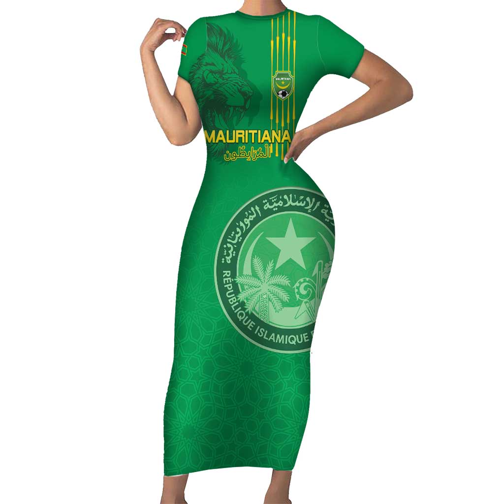 Custom Mauritania Football Short Sleeve Bodycon Dress Coat Of Arms With Islamic Pattern - Wonder Print Shop