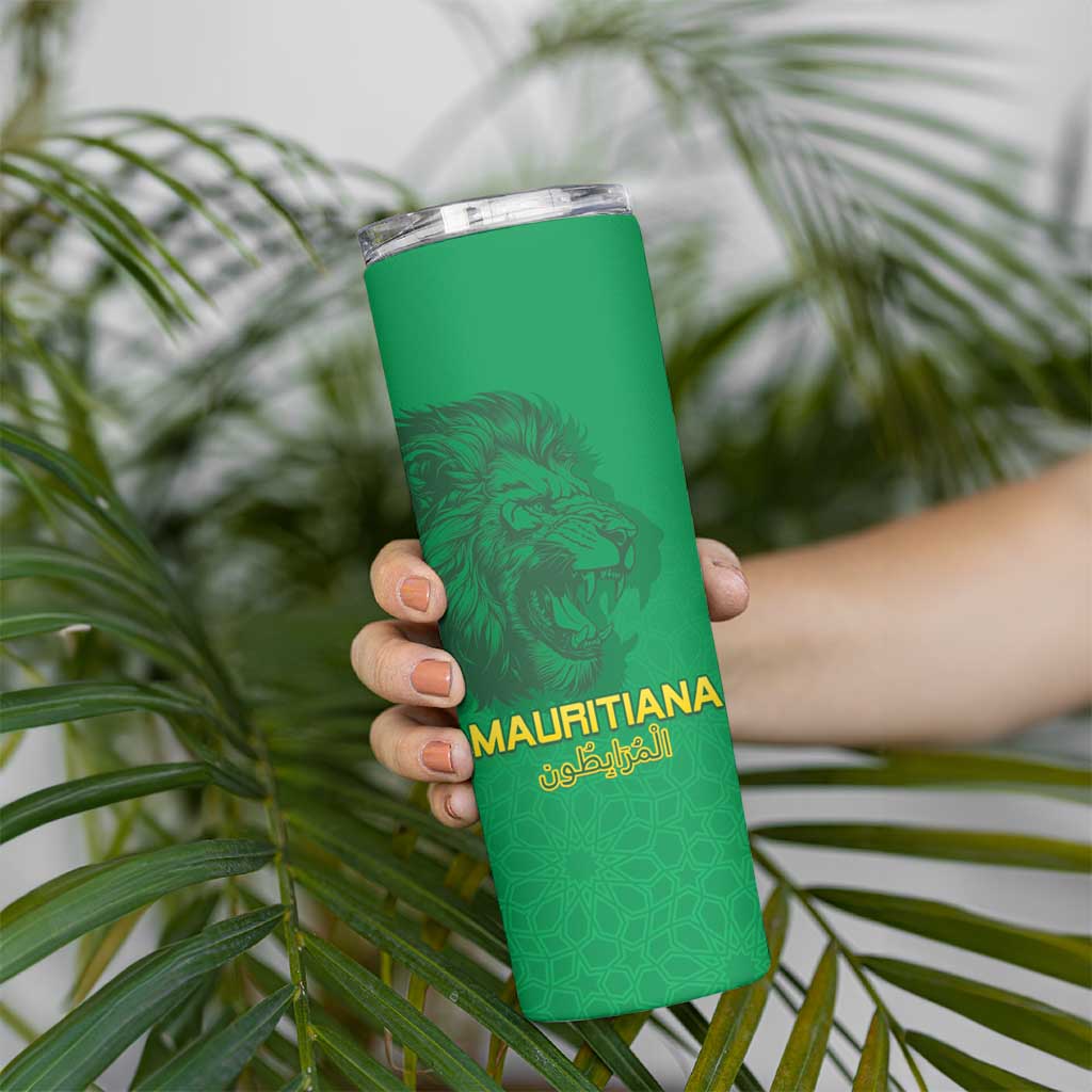 Custom Mauritania Football Skinny Tumbler Coat Of Arms With Islamic Pattern - Wonder Print Shop