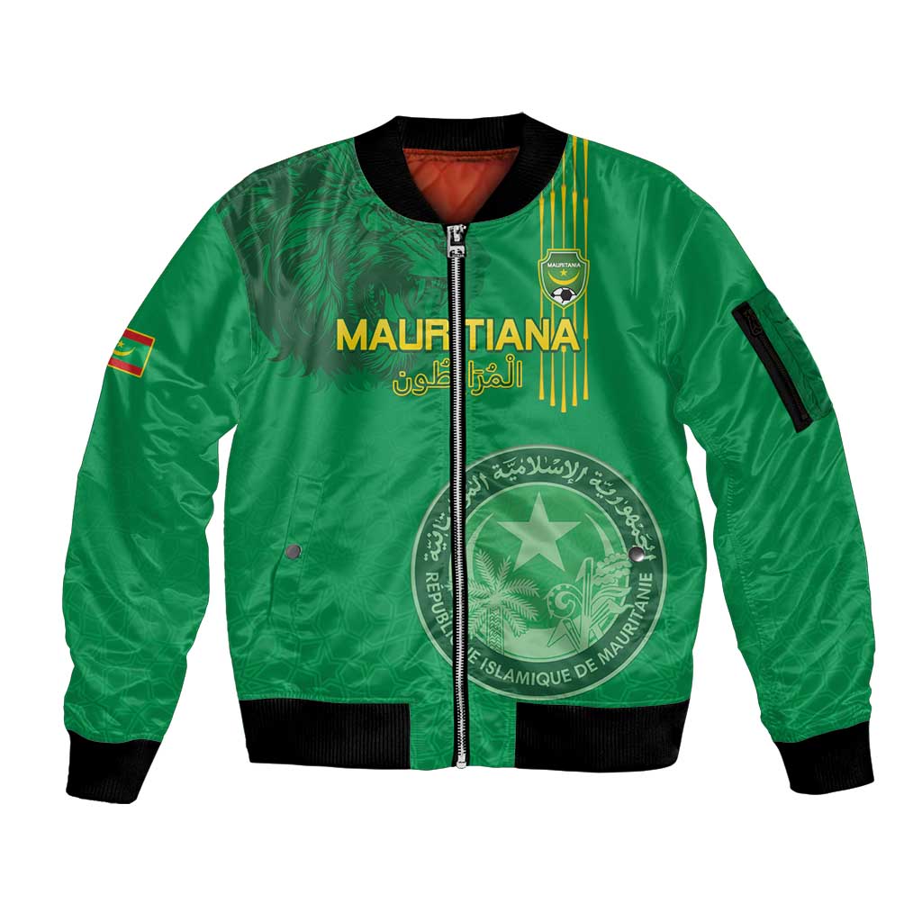 Custom Mauritania Football Sleeve Zip Bomber Jacket Coat Of Arms With Islamic Pattern - Wonder Print Shop