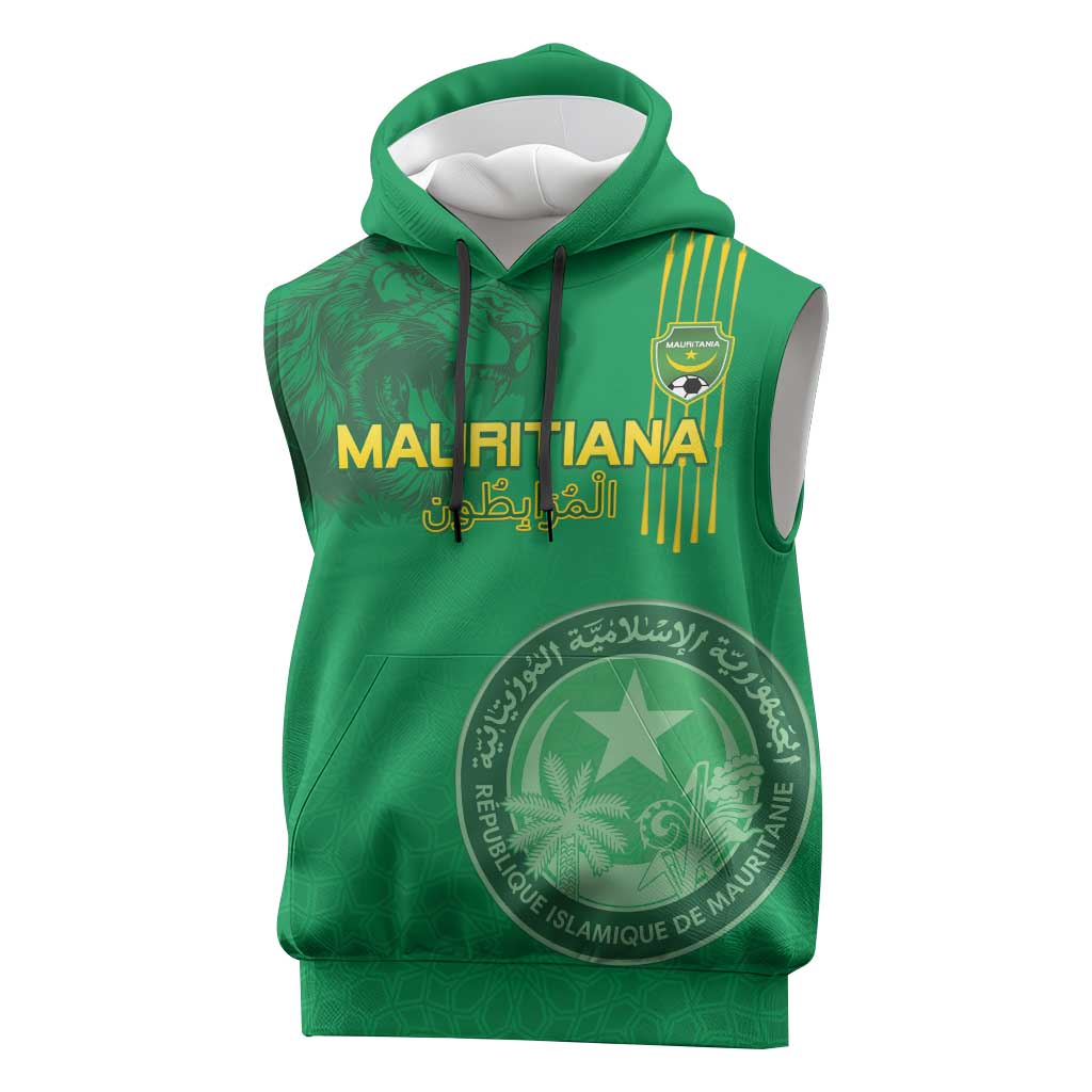 Custom Mauritania Football Sleeveless Hoodie Coat Of Arms With Islamic Pattern - Wonder Print Shop
