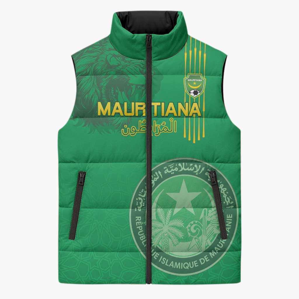 Custom Mauritania Football Sleeveless Puffer Jacket Coat Of Arms With Islamic Pattern - Wonder Print Shop