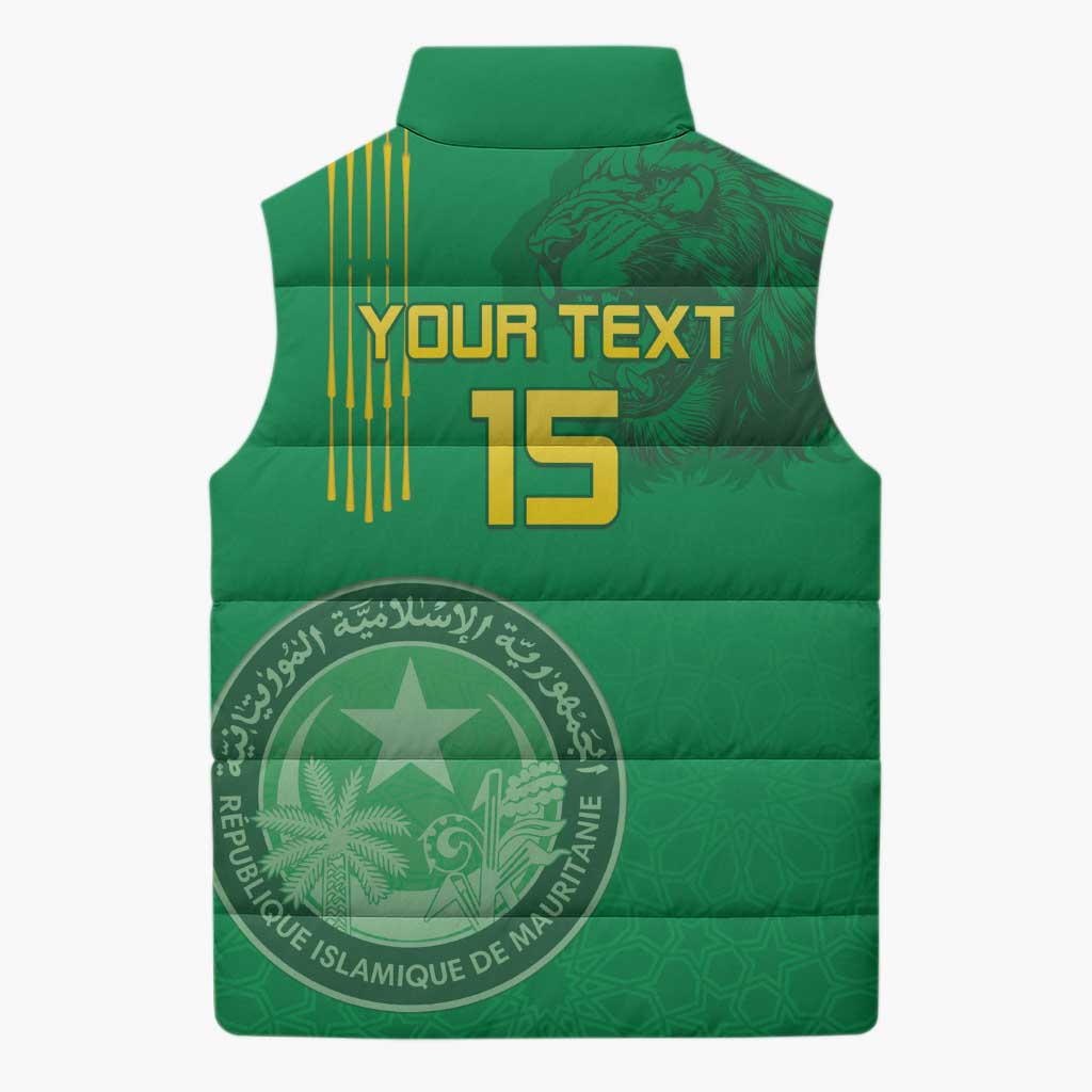 Custom Mauritania Football Sleeveless Puffer Jacket Coat Of Arms With Islamic Pattern - Wonder Print Shop