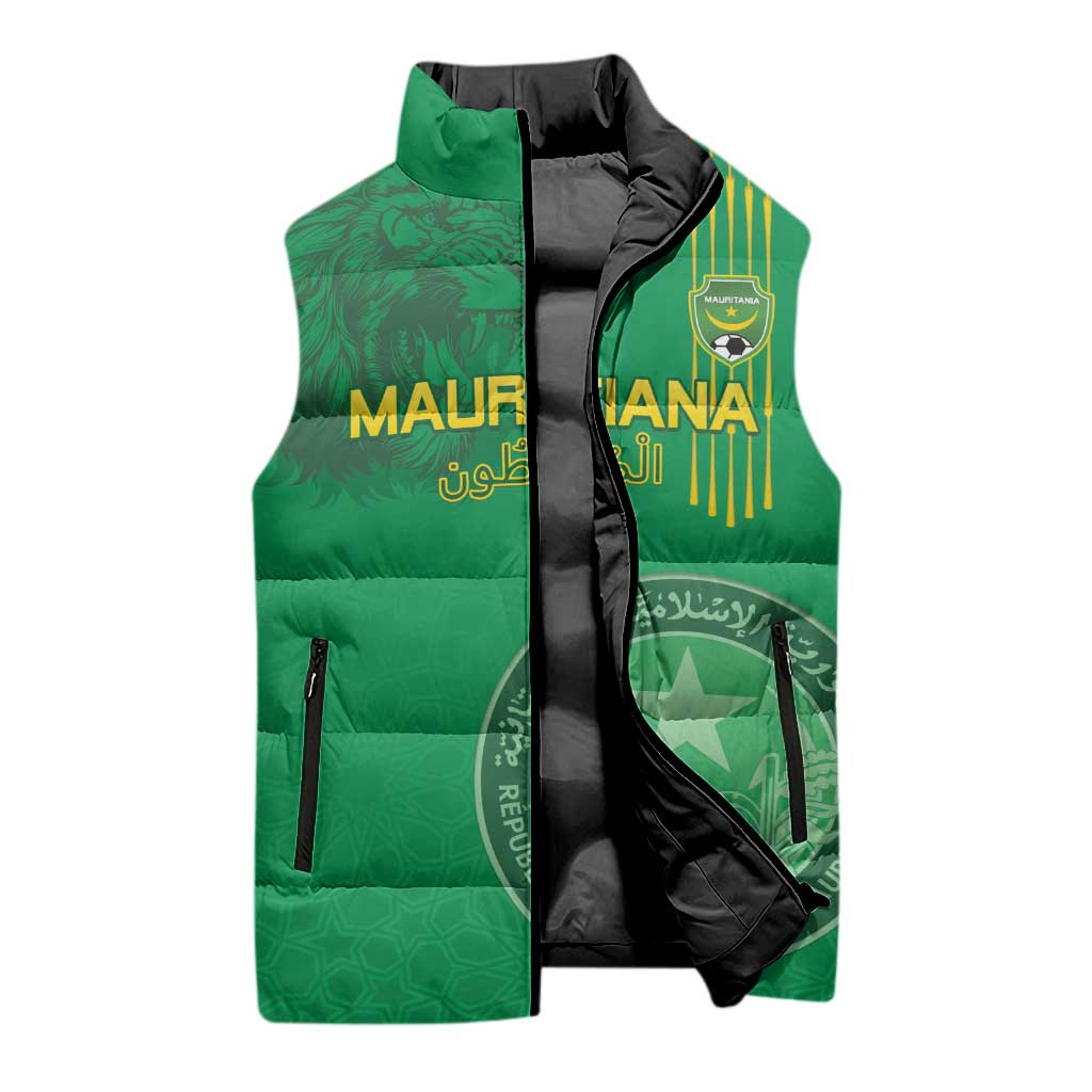 Custom Mauritania Football Sleeveless Puffer Jacket Coat Of Arms With Islamic Pattern - Wonder Print Shop