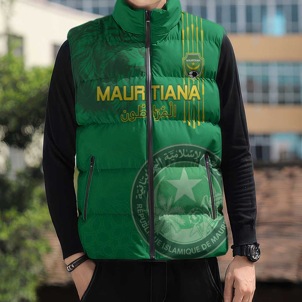 Custom Mauritania Football Sleeveless Puffer Jacket Coat Of Arms With Islamic Pattern - Wonder Print Shop