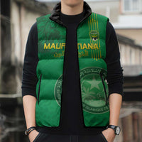 Custom Mauritania Football Sleeveless Puffer Jacket Coat Of Arms With Islamic Pattern - Wonder Print Shop