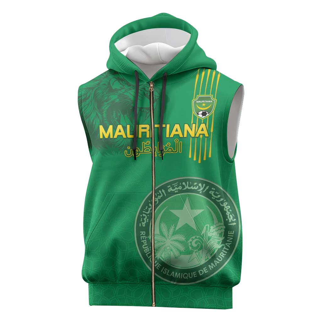 Custom Mauritania Football Sleeveless Zip Hoodie Coat Of Arms With Islamic Pattern - Wonder Print Shop
