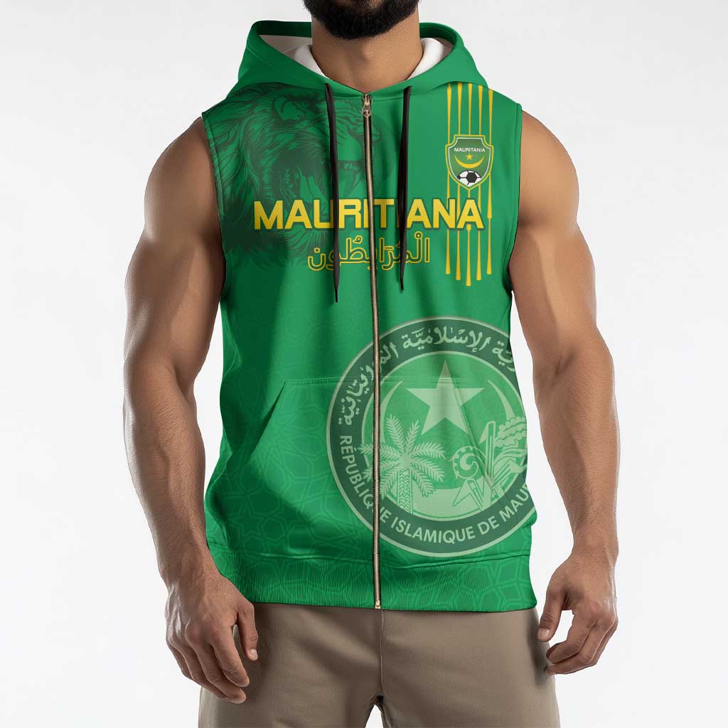 Custom Mauritania Football Sleeveless Zip Hoodie Coat Of Arms With Islamic Pattern - Wonder Print Shop