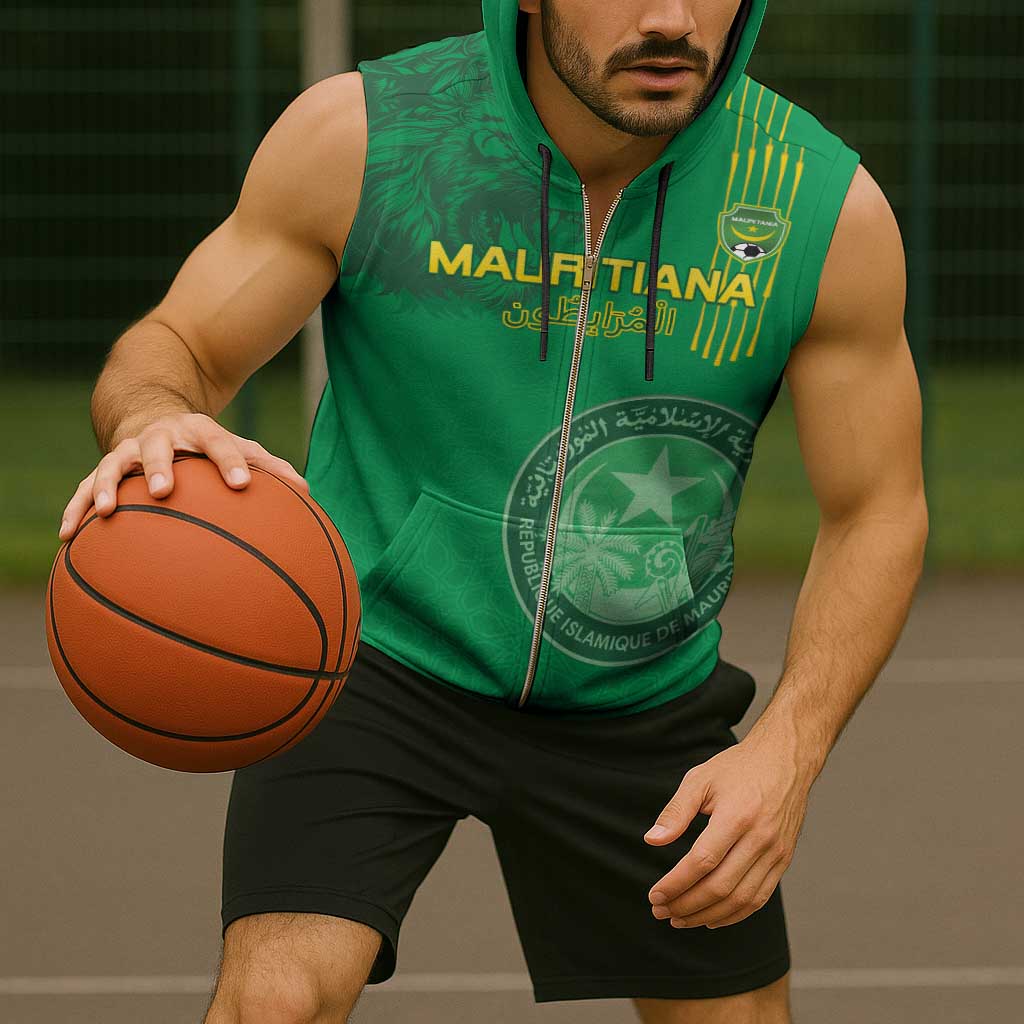 Custom Mauritania Football Sleeveless Zip Hoodie Coat Of Arms With Islamic Pattern - Wonder Print Shop