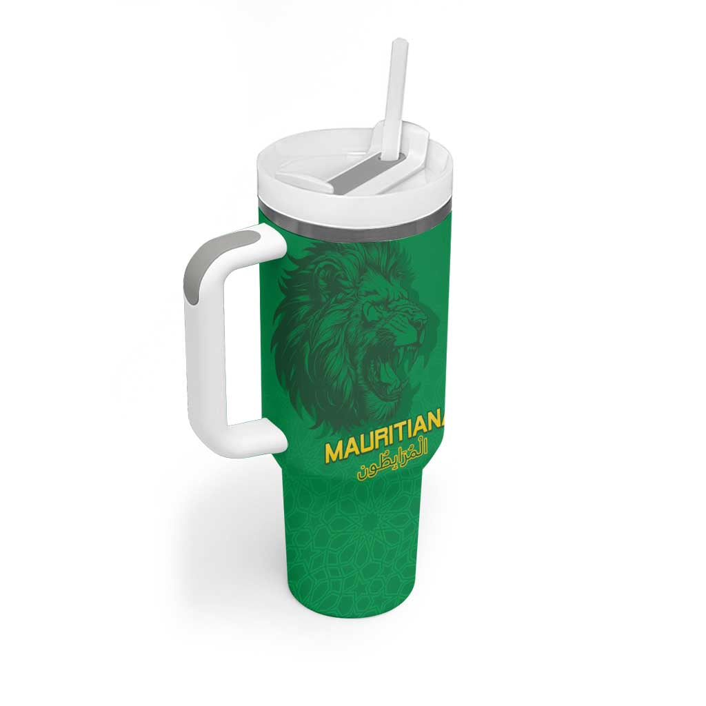 Custom Mauritania Football Tumbler With Handle Coat Of Arms With Islamic Pattern - Wonder Print Shop
