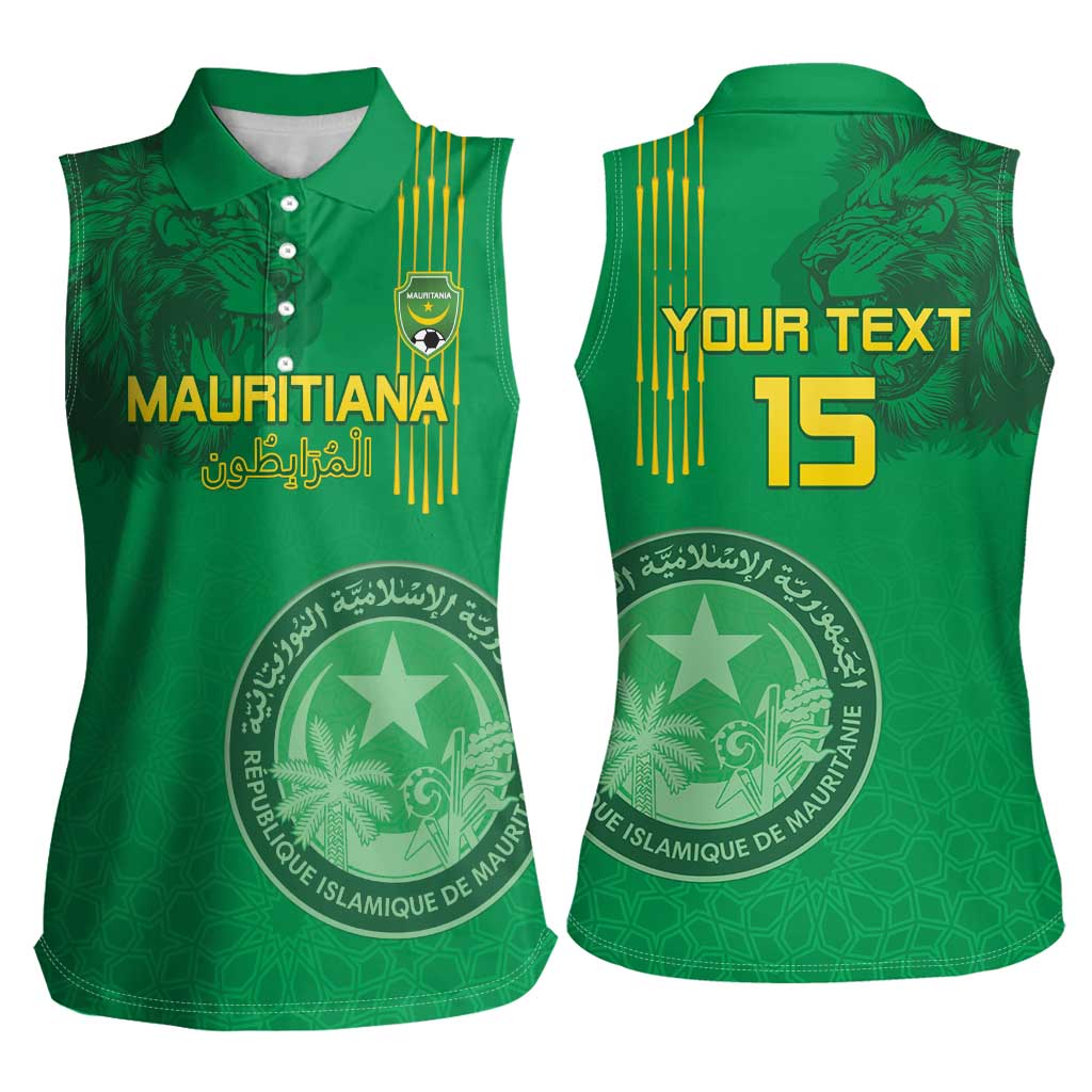 Custom Mauritania Football Women Sleeveless Polo Shirt Coat Of Arms With Islamic Pattern - Wonder Print Shop