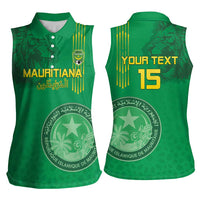Custom Mauritania Football Women Sleeveless Polo Shirt Coat Of Arms With Islamic Pattern - Wonder Print Shop