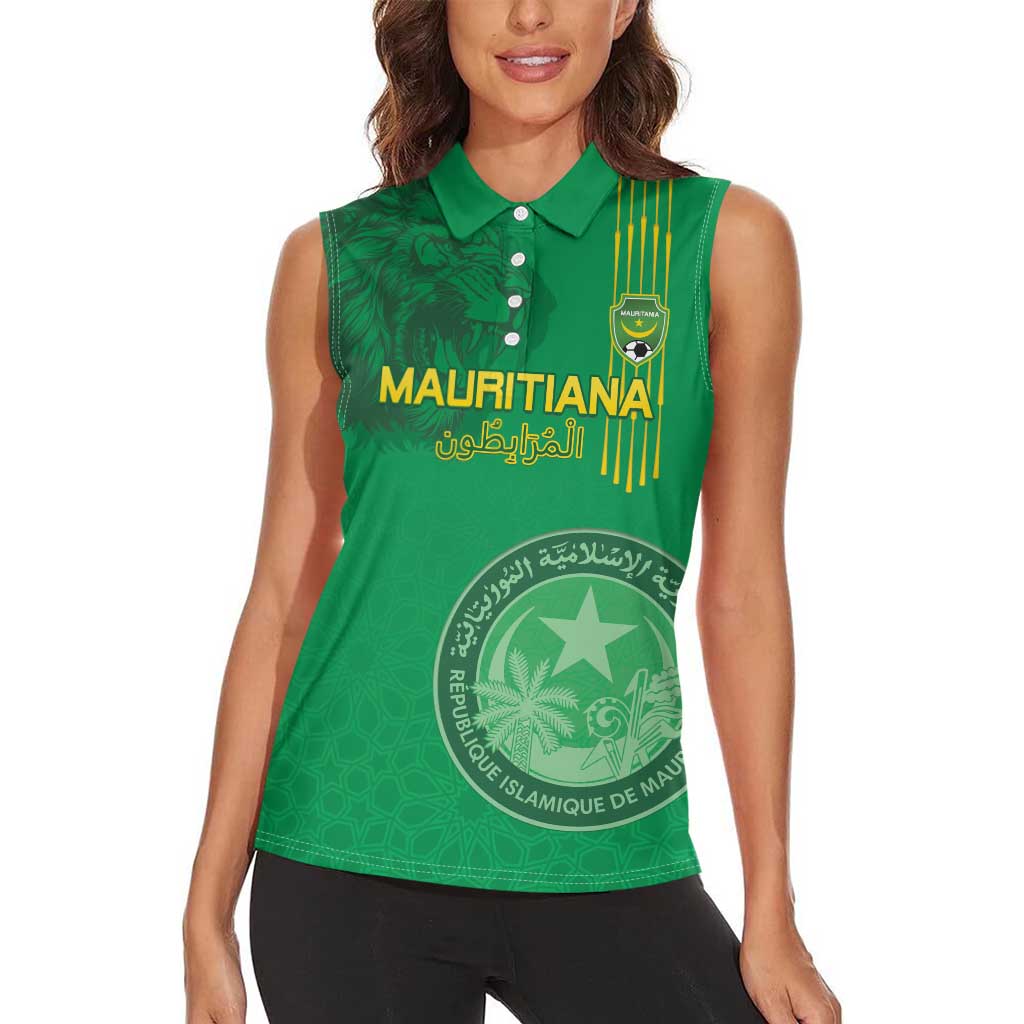 Custom Mauritania Football Women Sleeveless Polo Shirt Coat Of Arms With Islamic Pattern - Wonder Print Shop