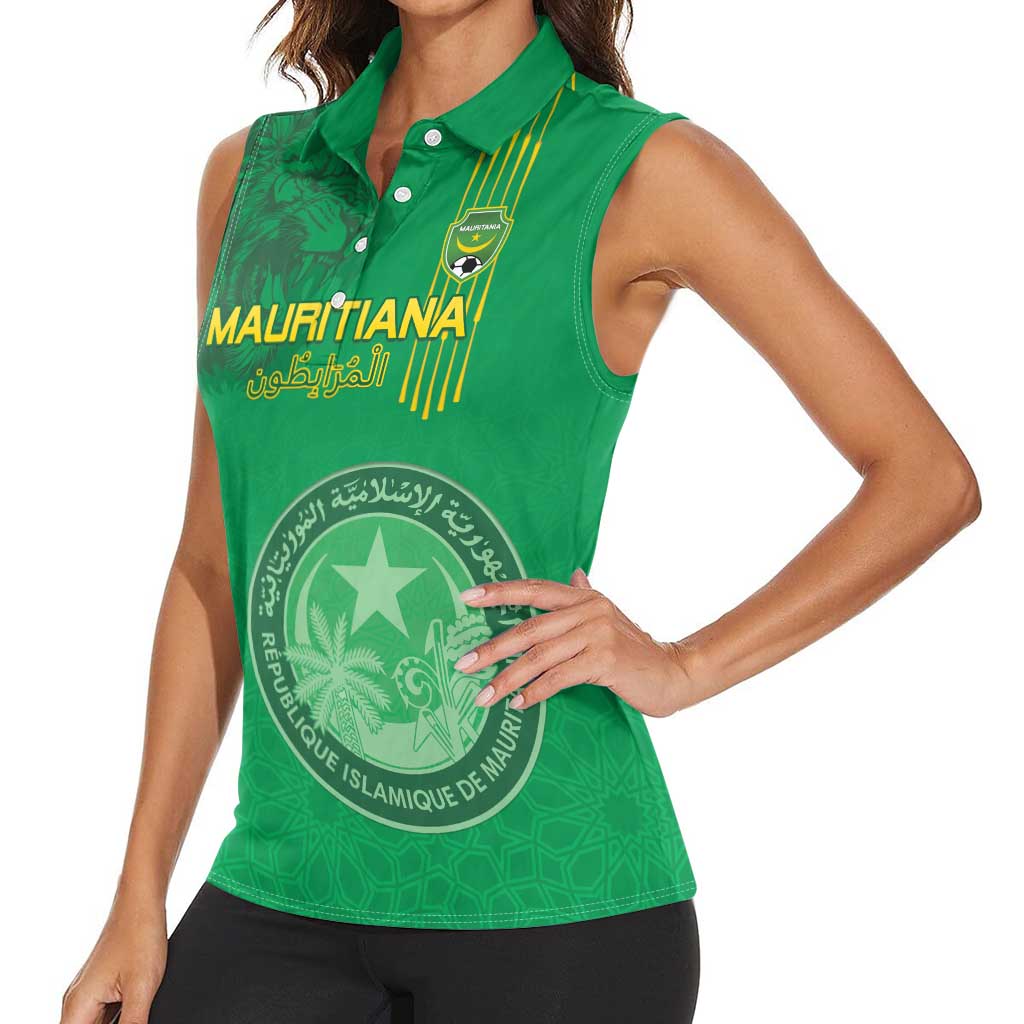 Custom Mauritania Football Women Sleeveless Polo Shirt Coat Of Arms With Islamic Pattern - Wonder Print Shop