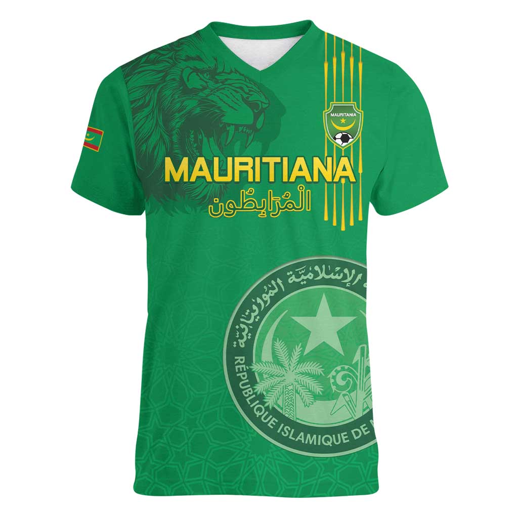 Custom Mauritania Football Women V-Neck T-Shirt Coat Of Arms With Islamic Pattern - Wonder Print Shop