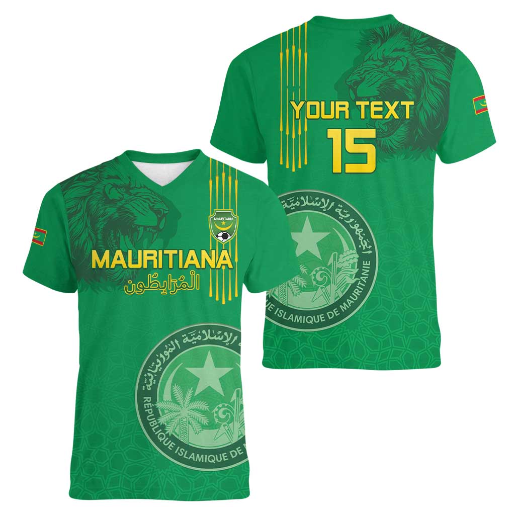 Custom Mauritania Football Women V-Neck T-Shirt Coat Of Arms With Islamic Pattern - Wonder Print Shop