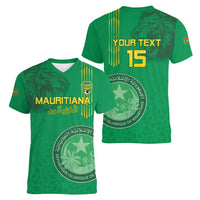 Custom Mauritania Football Women V-Neck T-Shirt Coat Of Arms With Islamic Pattern - Wonder Print Shop