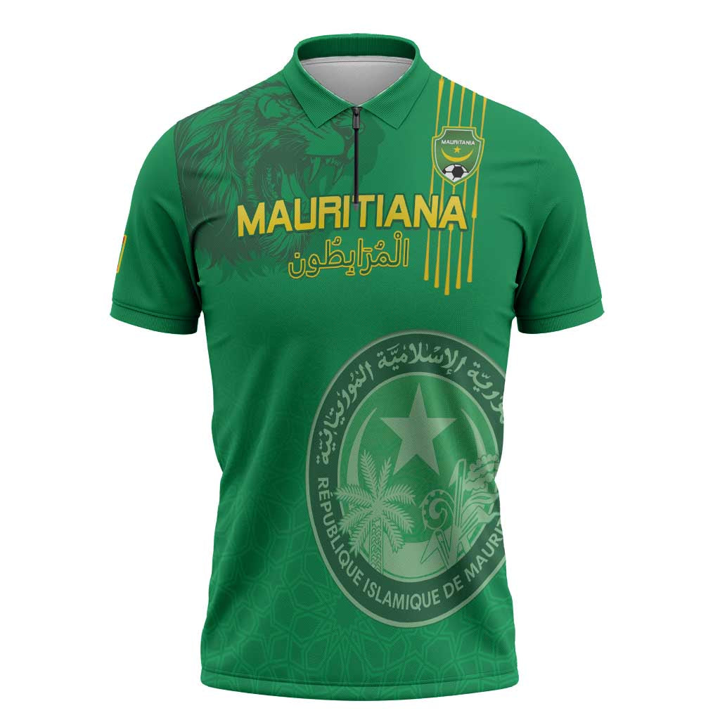 Custom Mauritania Football Zipper Polo Shirt Coat Of Arms With Islamic Pattern - Wonder Print Shop
