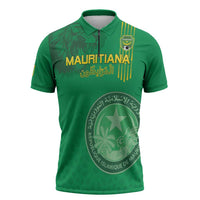 Custom Mauritania Football Zipper Polo Shirt Coat Of Arms With Islamic Pattern - Wonder Print Shop