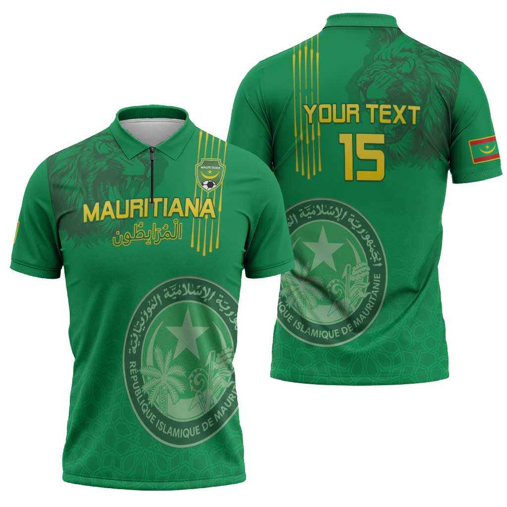 Custom Mauritania Football Zipper Polo Shirt Coat Of Arms With Islamic Pattern - Wonder Print Shop