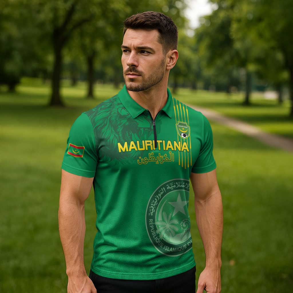 Custom Mauritania Football Zipper Polo Shirt Coat Of Arms With Islamic Pattern - Wonder Print Shop