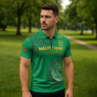 Custom Mauritania Football Zipper Polo Shirt Coat Of Arms With Islamic Pattern - Wonder Print Shop