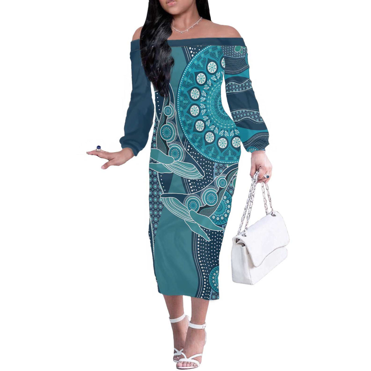 Personalized South Africa Whale Fes Off The Shoulder Long Sleeve Dress African Shwe Shwe Pattern - Wonder Print Shop