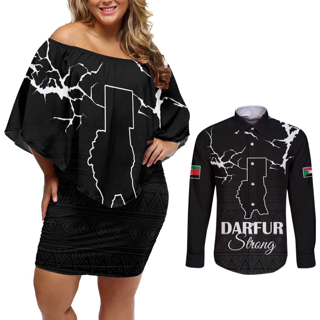 Darfur Sudan Strong Couples Matching Off Shoulder Short Dress and Long Sleeve Button Shirt Pray for Tarseen - Wonder Print Shop