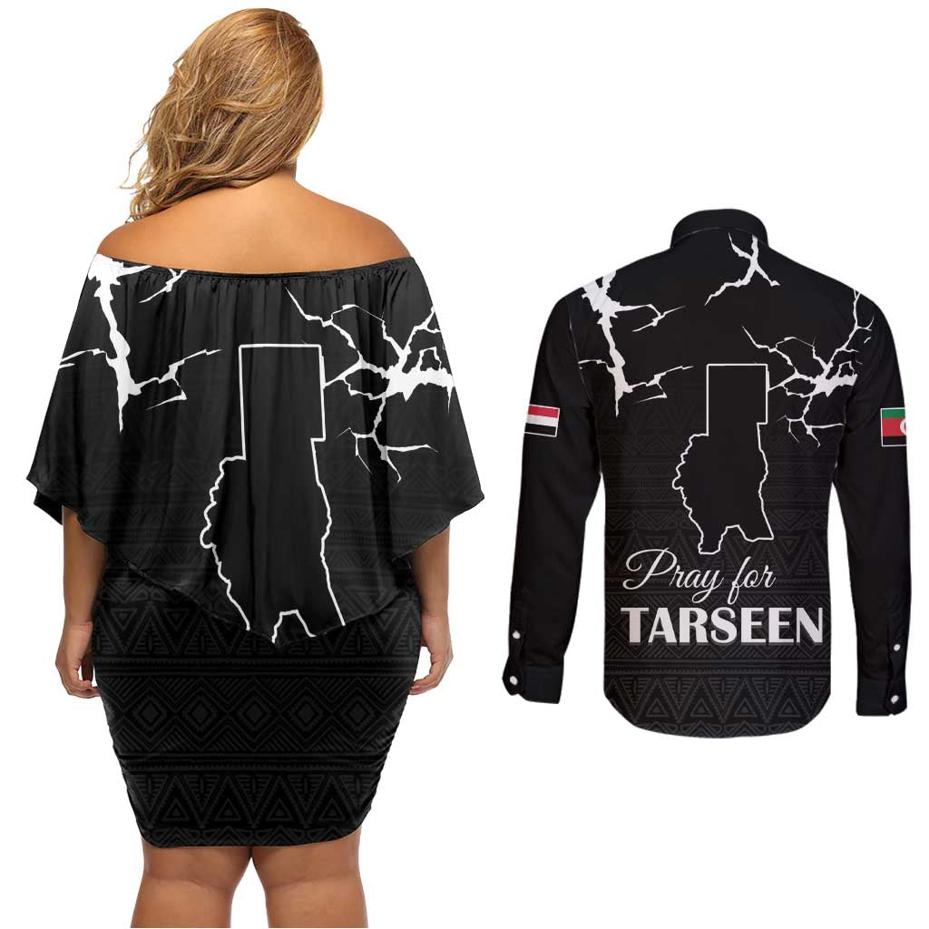 Darfur Sudan Strong Couples Matching Off Shoulder Short Dress and Long Sleeve Button Shirt Pray for Tarseen - Wonder Print Shop