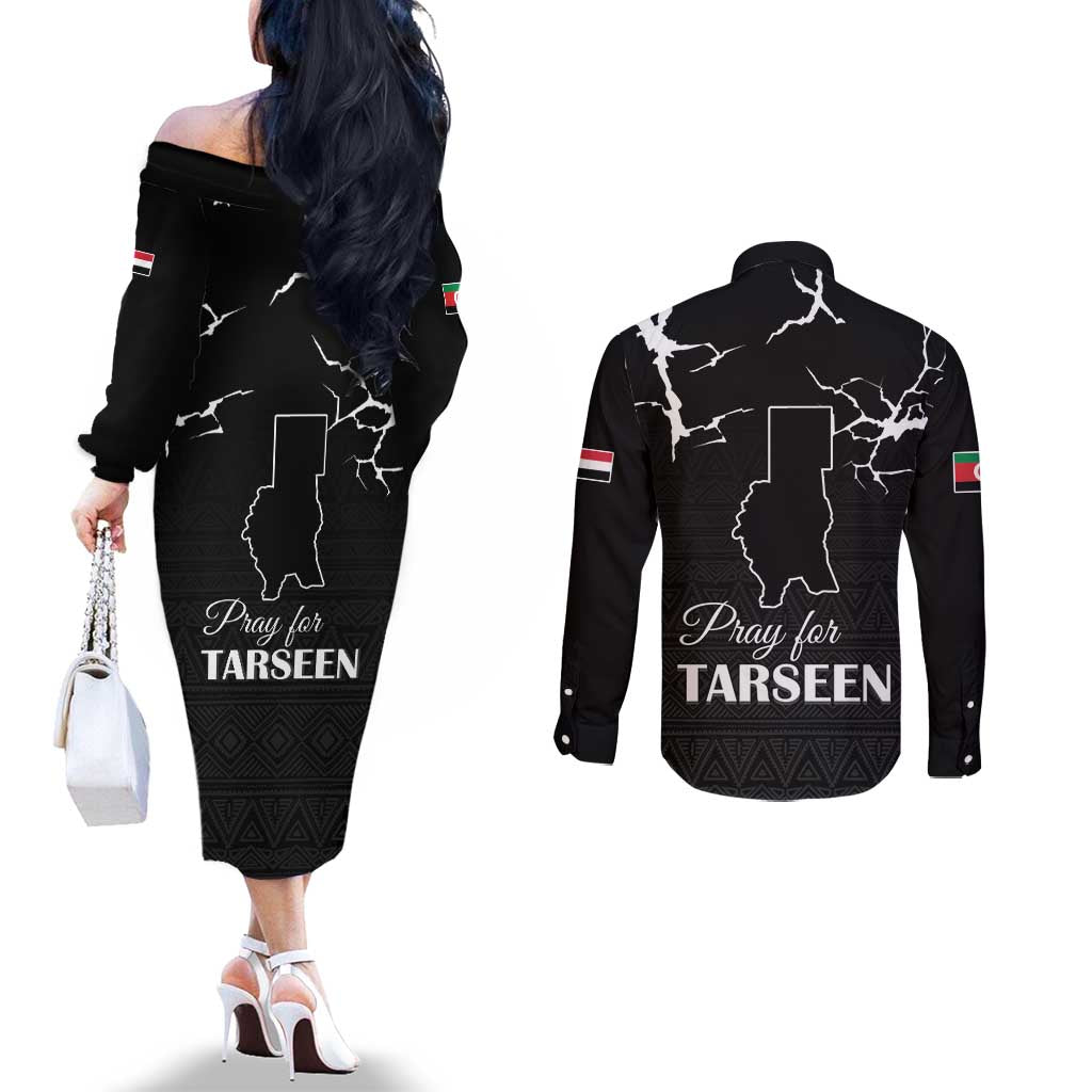 Darfur Sudan Strong Couples Matching Off The Shoulder Long Sleeve Dress and Long Sleeve Button Shirt Pray for Tarseen - Wonder Print Shop