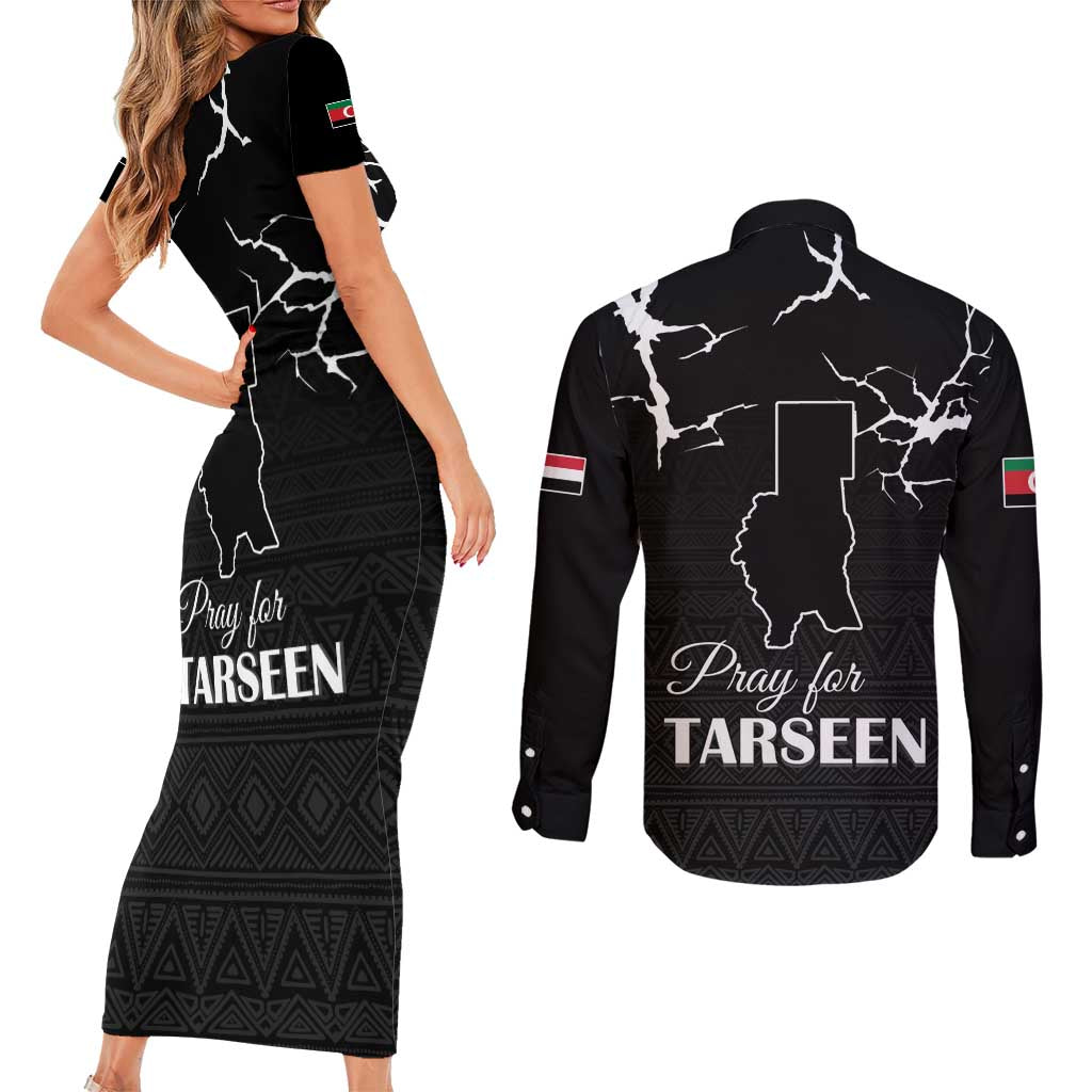Darfur Sudan Strong Couples Matching Short Sleeve Bodycon Dress and Long Sleeve Button Shirt Pray for Tarseen - Wonder Print Shop