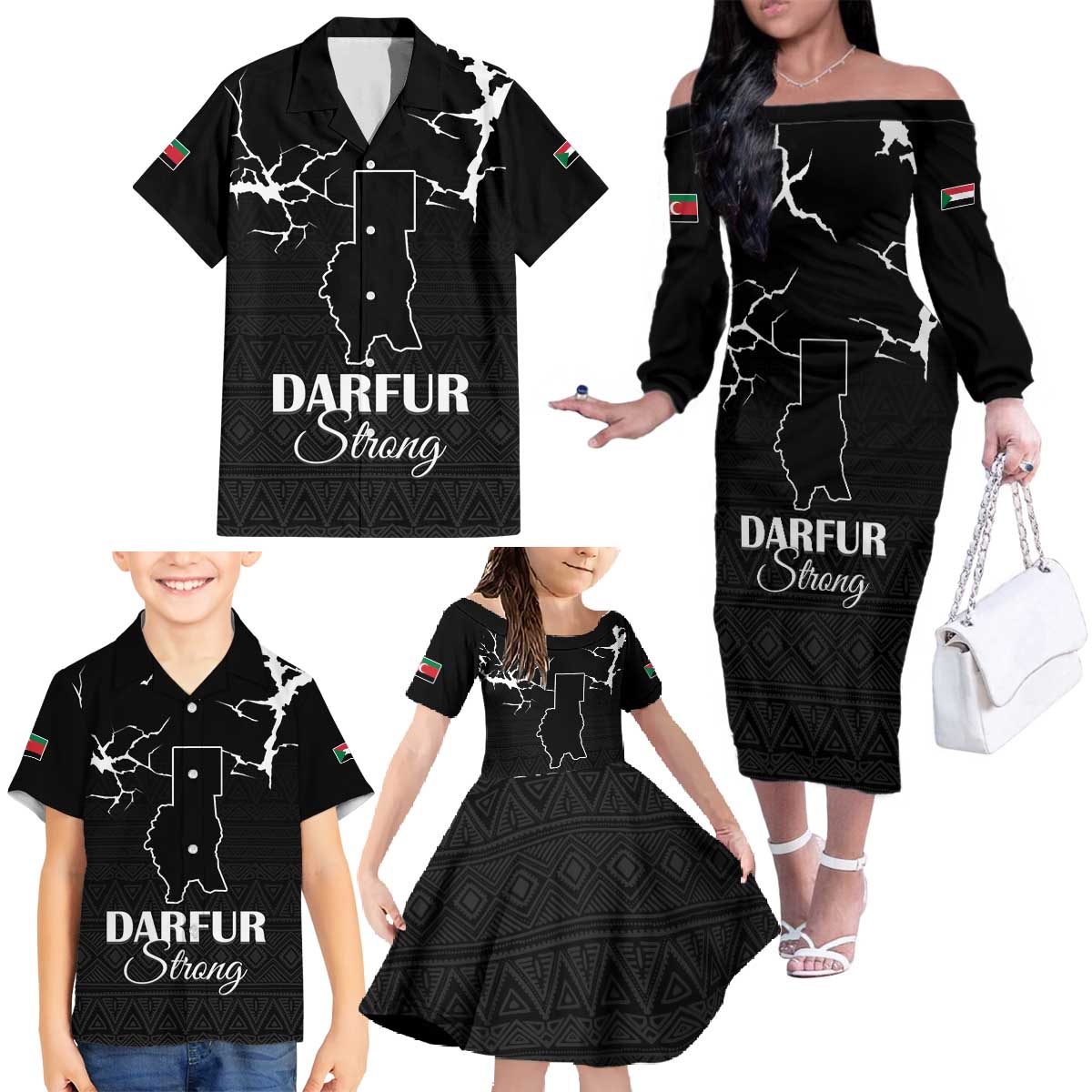 Darfur Sudan Strong Family Matching Off The Shoulder Long Sleeve Dress and Hawaiian Shirt Pray for Tarseen - Wonder Print Shop