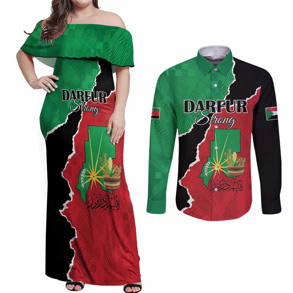 Personalized Sudan Couples Matching Off Shoulder Maxi Dress and Long Sleeve Button Shirt Darfur Be Strong - Wonder Print Shop