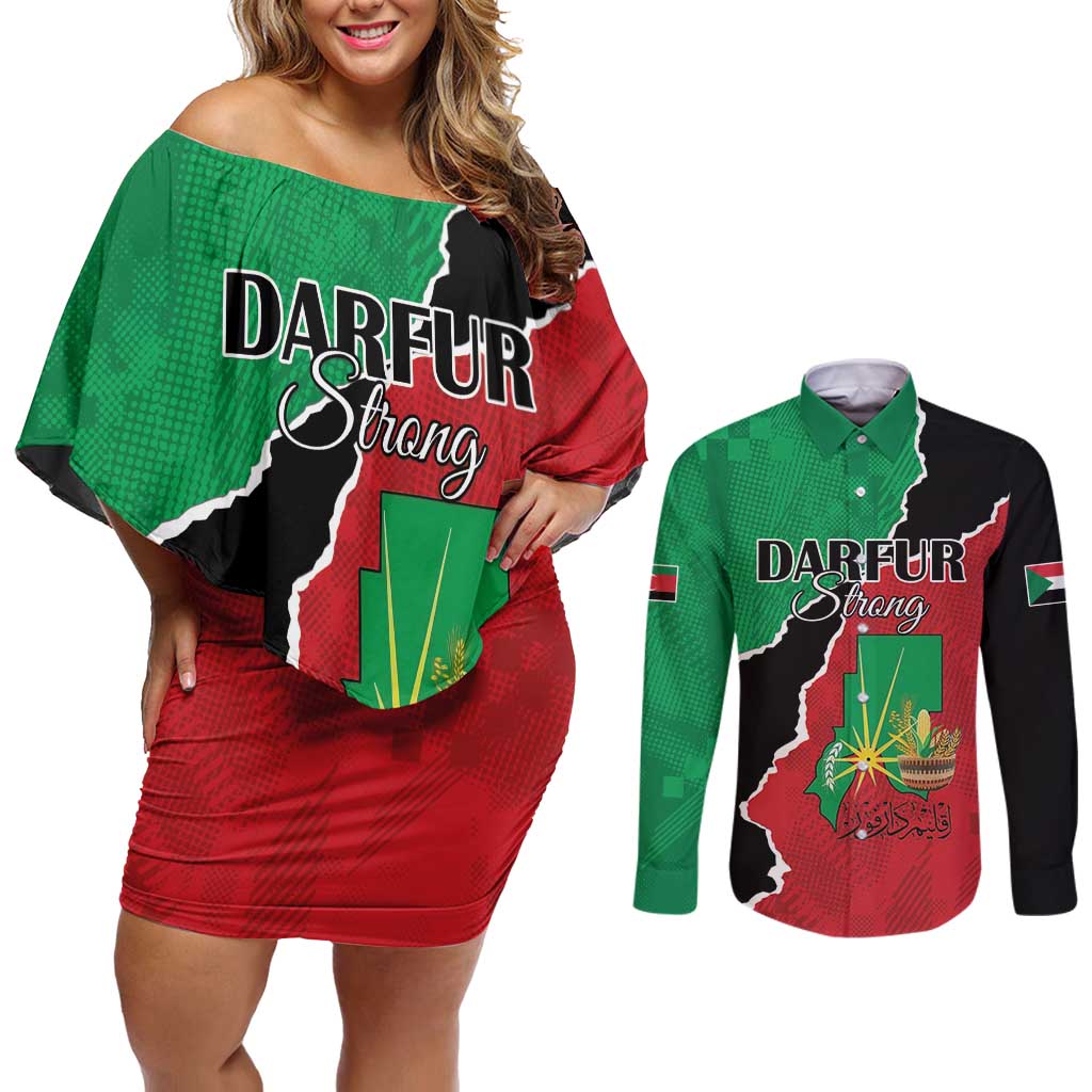 Personalized Sudan Couples Matching Off Shoulder Short Dress and Long Sleeve Button Shirt Darfur Be Strong - Wonder Print Shop