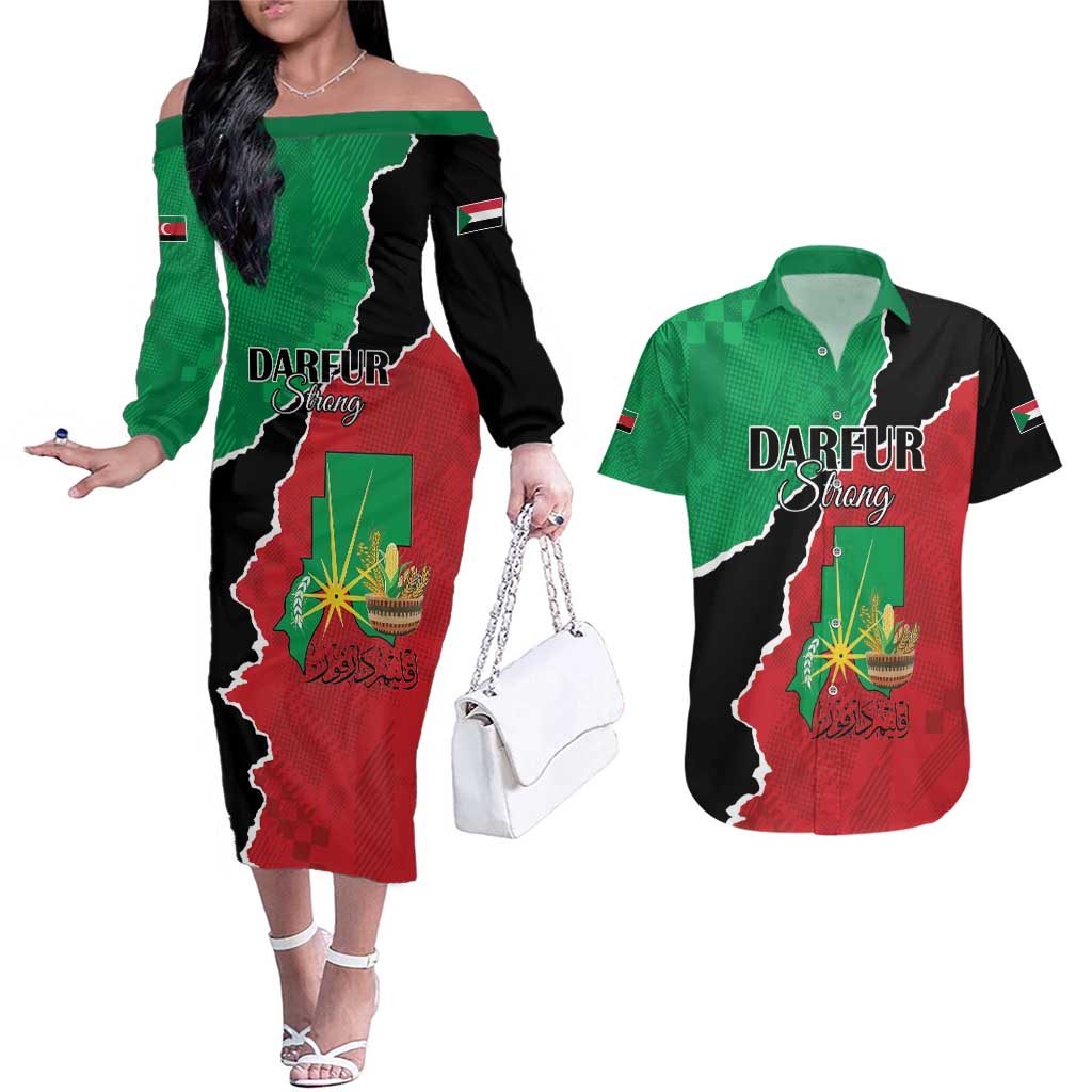 Personalized Sudan Couples Matching Off The Shoulder Long Sleeve Dress and Hawaiian Shirt Darfur Be Strong - Wonder Print Shop
