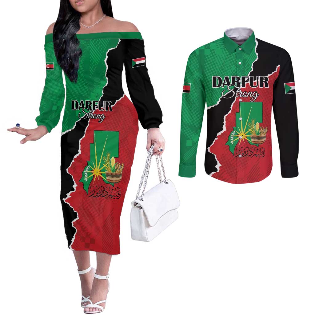 Personalized Sudan Couples Matching Off The Shoulder Long Sleeve Dress and Long Sleeve Button Shirt Darfur Be Strong - Wonder Print Shop