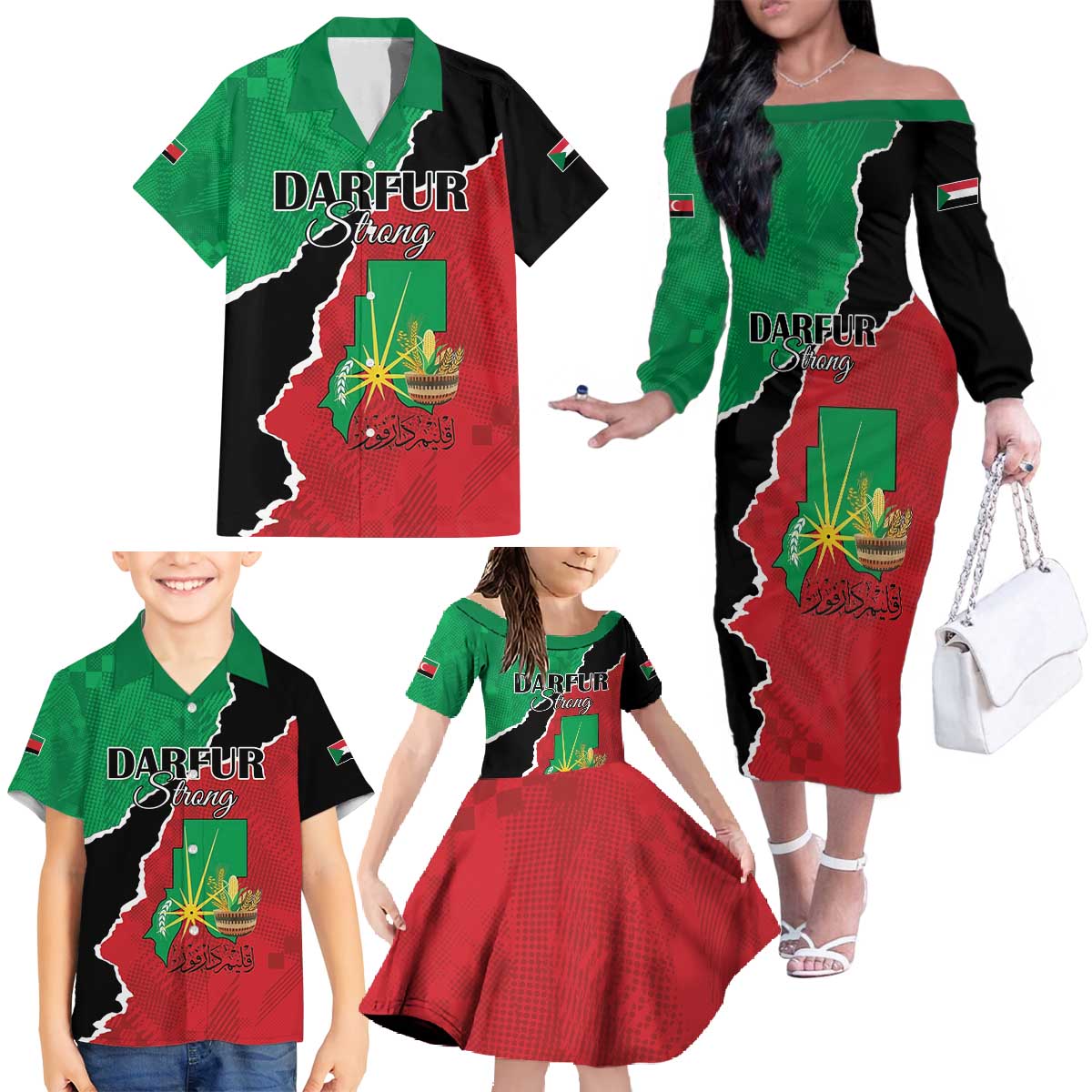 Personalized Sudan Family Matching Off The Shoulder Long Sleeve Dress and Hawaiian Shirt Darfur Be Strong - Wonder Print Shop