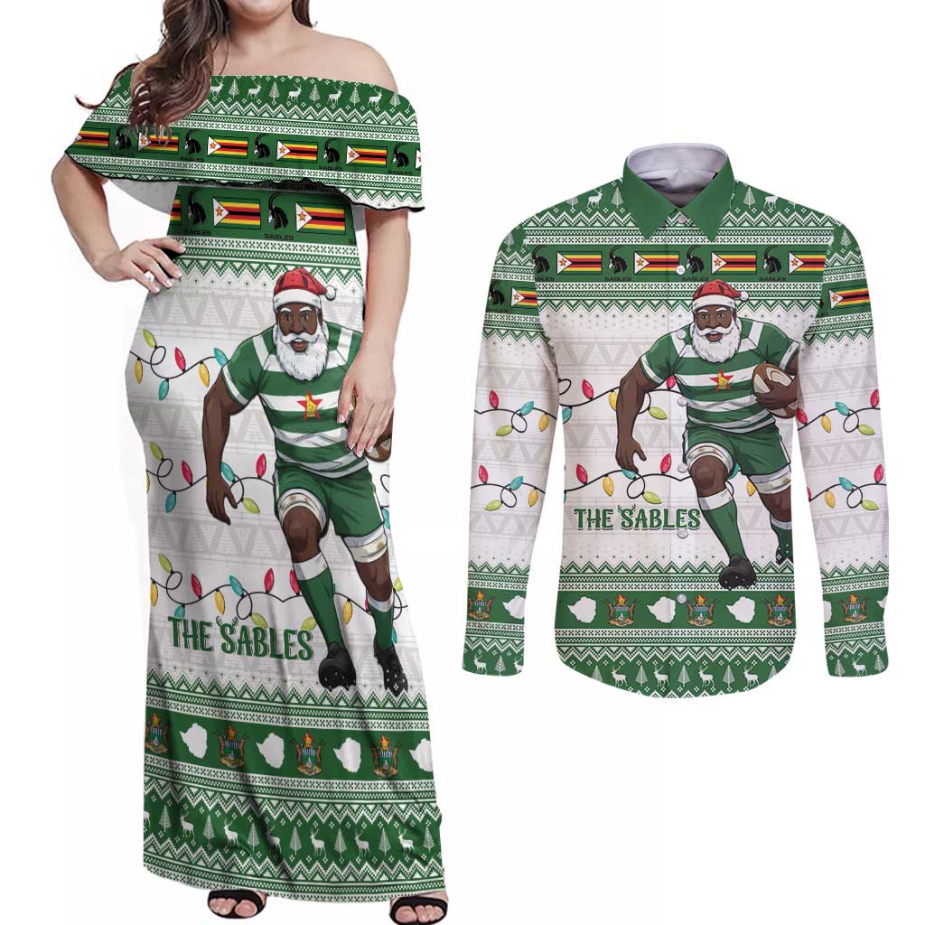 Zimbabwe Rugby Christmas Couples Matching Off Shoulder Maxi Dress and Long Sleeve Button Shirt The Sables Krismes Yakanaka - Wonder Print Shop