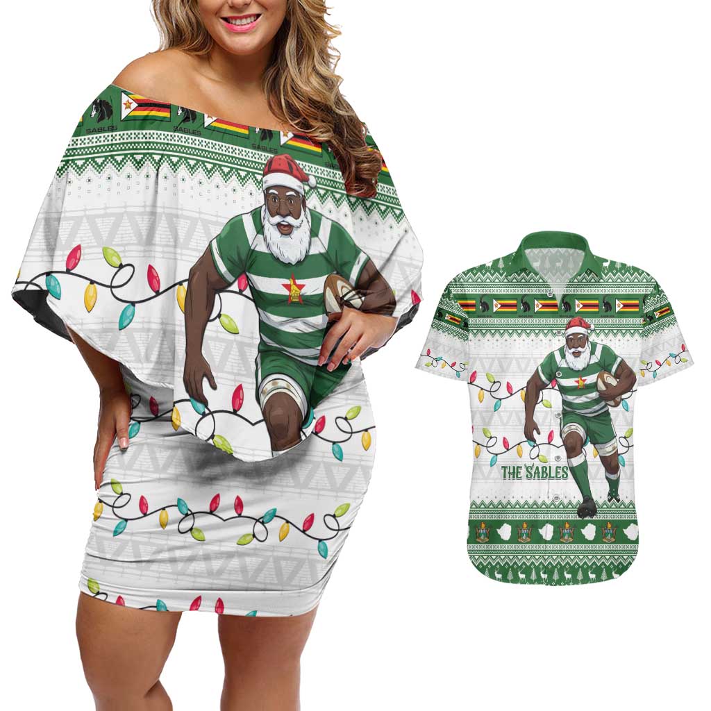 Zimbabwe Rugby Christmas Couples Matching Off Shoulder Short Dress and Hawaiian Shirt The Sables Krismes Yakanaka - Wonder Print Shop