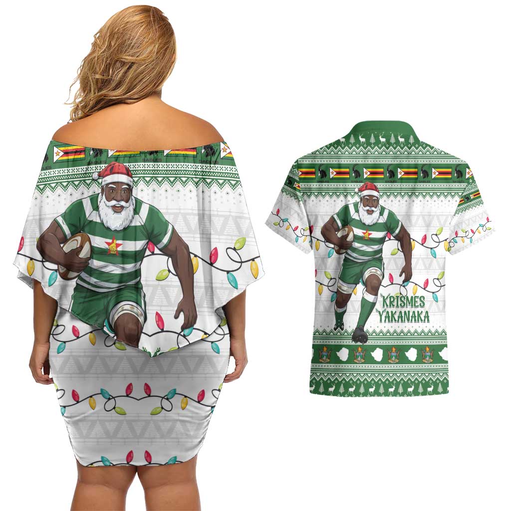 Zimbabwe Rugby Christmas Couples Matching Off Shoulder Short Dress and Hawaiian Shirt The Sables Krismes Yakanaka - Wonder Print Shop